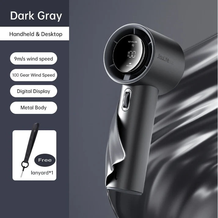 Dark gray portable mini handheld fan with digital display and metal body