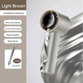 Light brown portable mini handheld fan with digital display and metal body