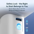 Close-up of portable mini handheld fan safety lock switch with on and off indicators