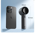 Portable mini handheld fan in black next to smartphone showing compact size and dimensions