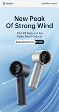 Portable mini handheld fan in black and silver with digital display and strong wind power