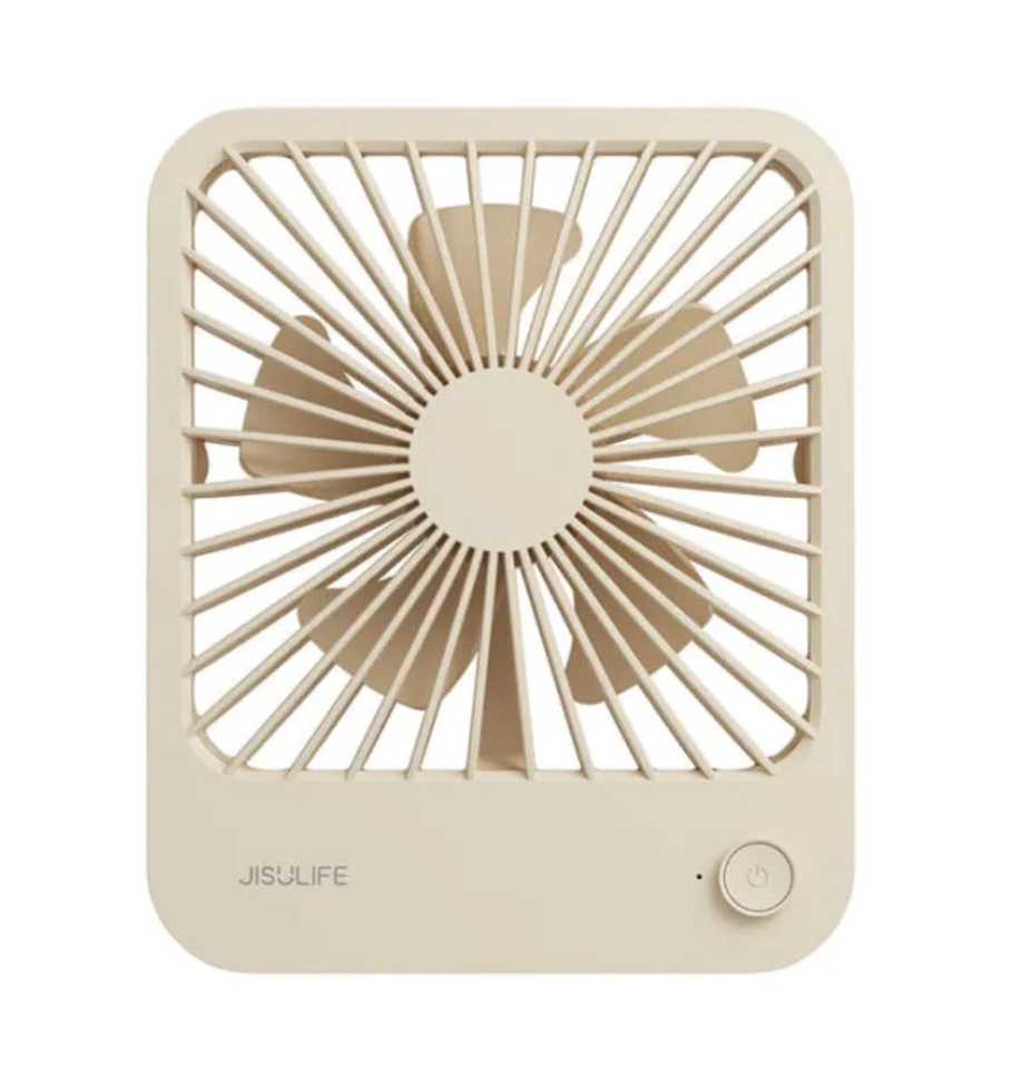 Beige USB mini desktop fan with square grille and power button