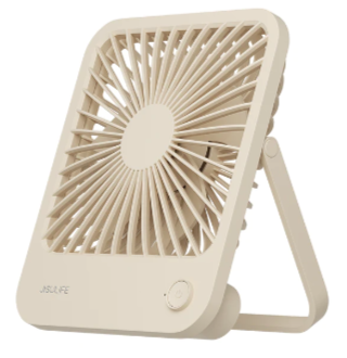 Beige USB mini desktop fan with adjustable stand and front grill design