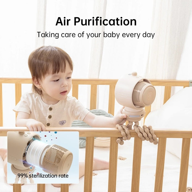 Bladeless stroller fan rechargeable attached to baby crib for safe air purification