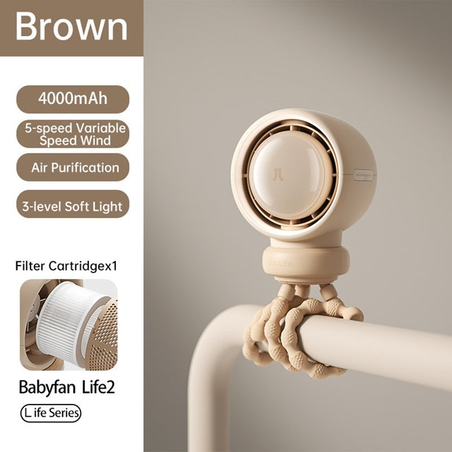 Brown bladeless stroller fan rechargeable with 5-speed wind and air purification mounted on stroller handle