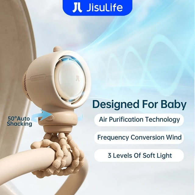 Bladeless stroller fan rechargeable in beige and green portable desktop fans with flexible mounts