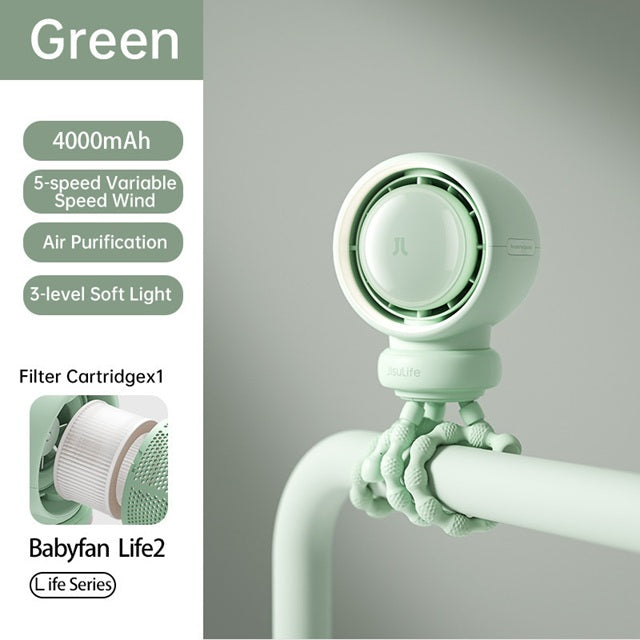 Green bladeless stroller fan rechargeable mounted on stroller handle with 5-speed wind and soft light