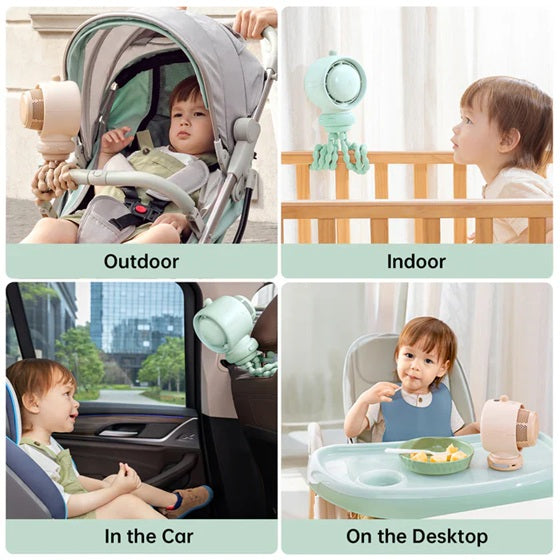 Bladeless stroller fan rechargeable shown in outdoor stroller, indoor crib, car seat, and desktop settings
