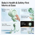 Bladeless stroller fan rechargeable with safe silicone, detachable base, soft light, and travel warning lights