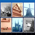 CHARMERA Keychain Digital Camera capturing various architectural styles and scenes in black and white