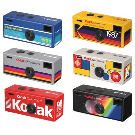 Various designs of Kodak Charmera Mini Digital Camera showcasing colorful styles and packaging