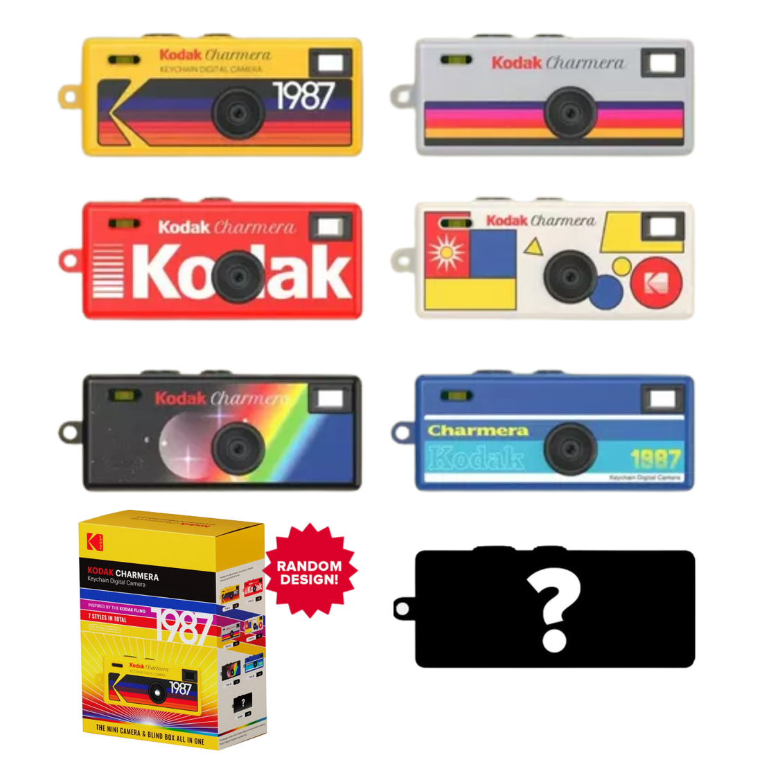 Various designs of Kodak Charmera Mini Digital Camera showcasing colorful styles and packaging