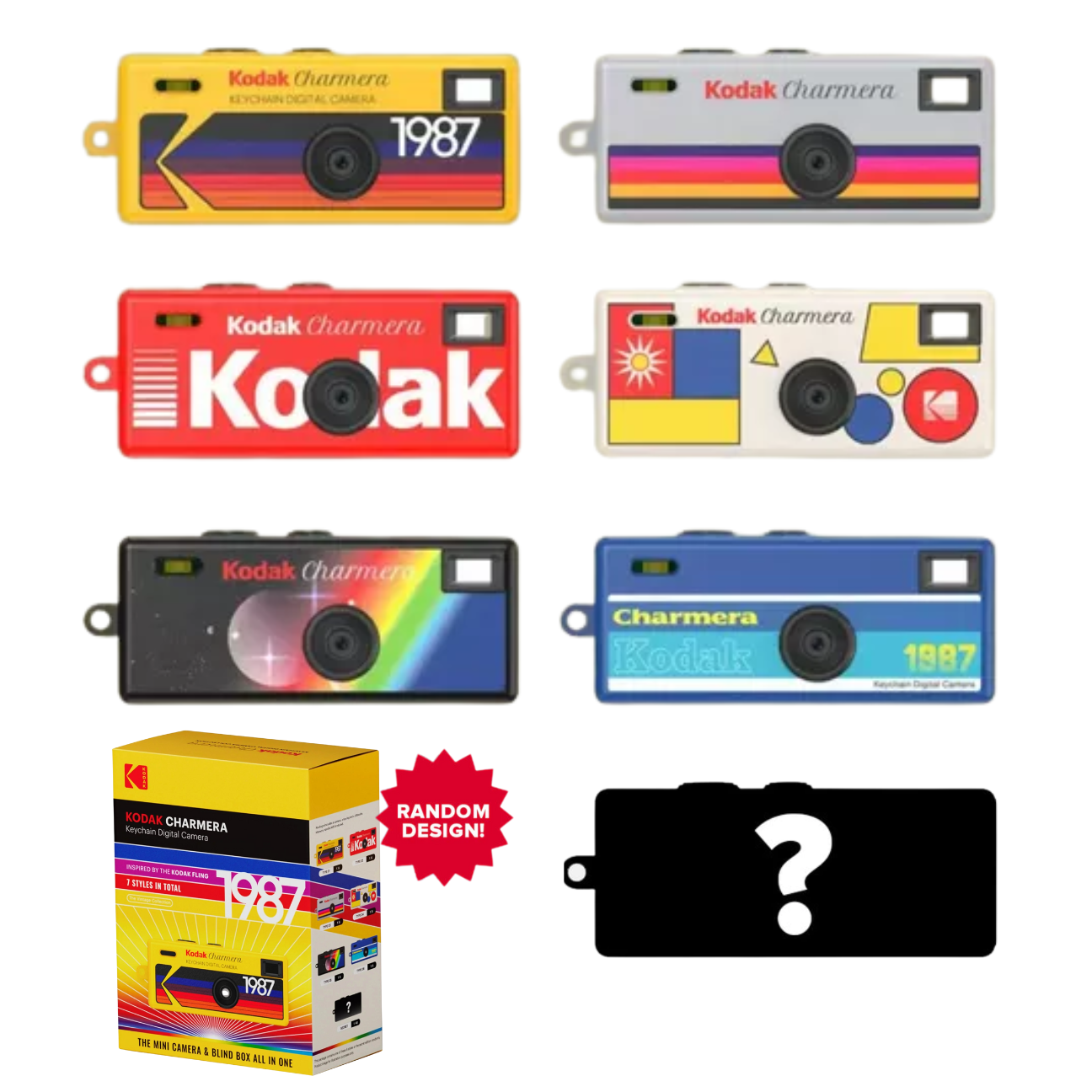 Various designs of Kodak Charmera Mini Digital Camera showcasing colorful styles and packaging