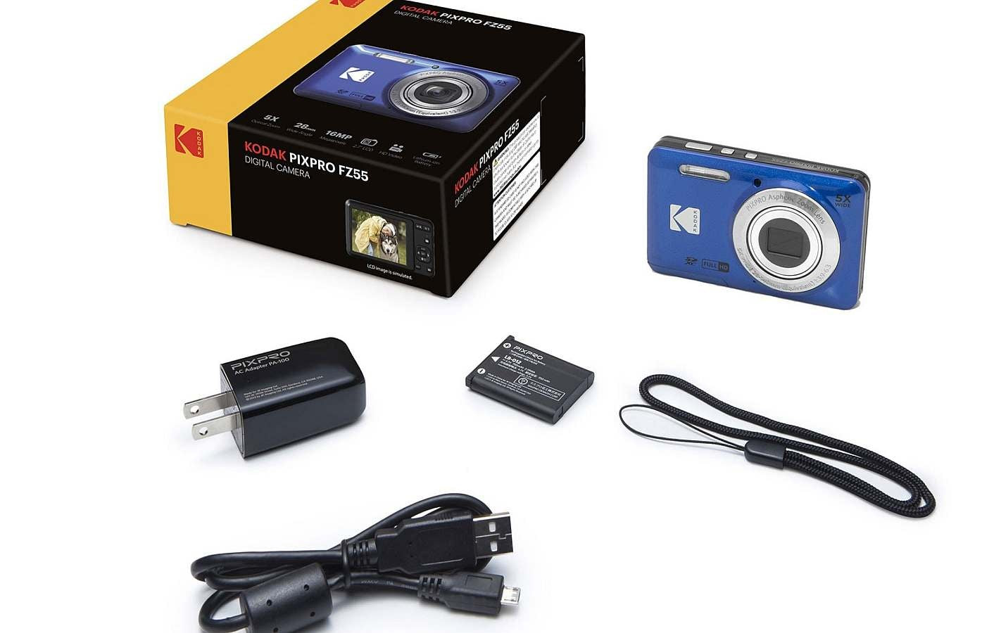 Kodak PIXPRO FZ55 Digital Camera in blue with accessories including charger and battery for photography enthusiasts