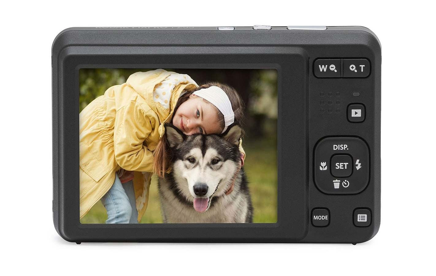 Back view of PIXPRO FZ55 Digital Camera showing child with a dog on the LCD screen