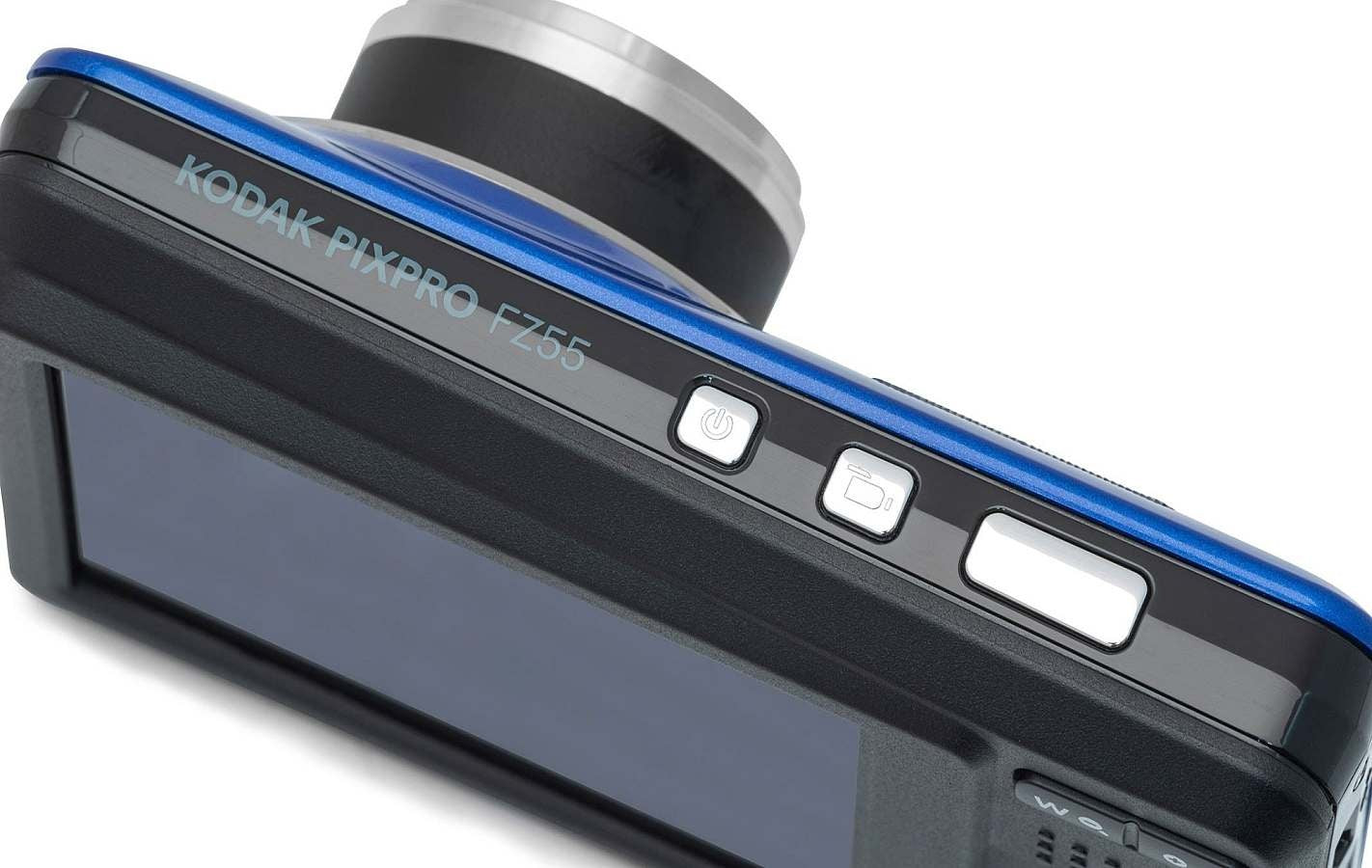 Top view of KODAK PIXPRO FZ55 Digital Camera with buttons and a sleek blue design