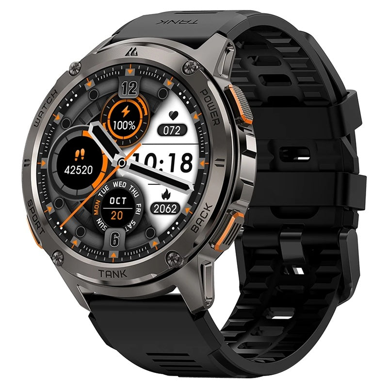 KOSPET TANK T3 rugged smartwatch with metal bezel black silicone strap and orange accents