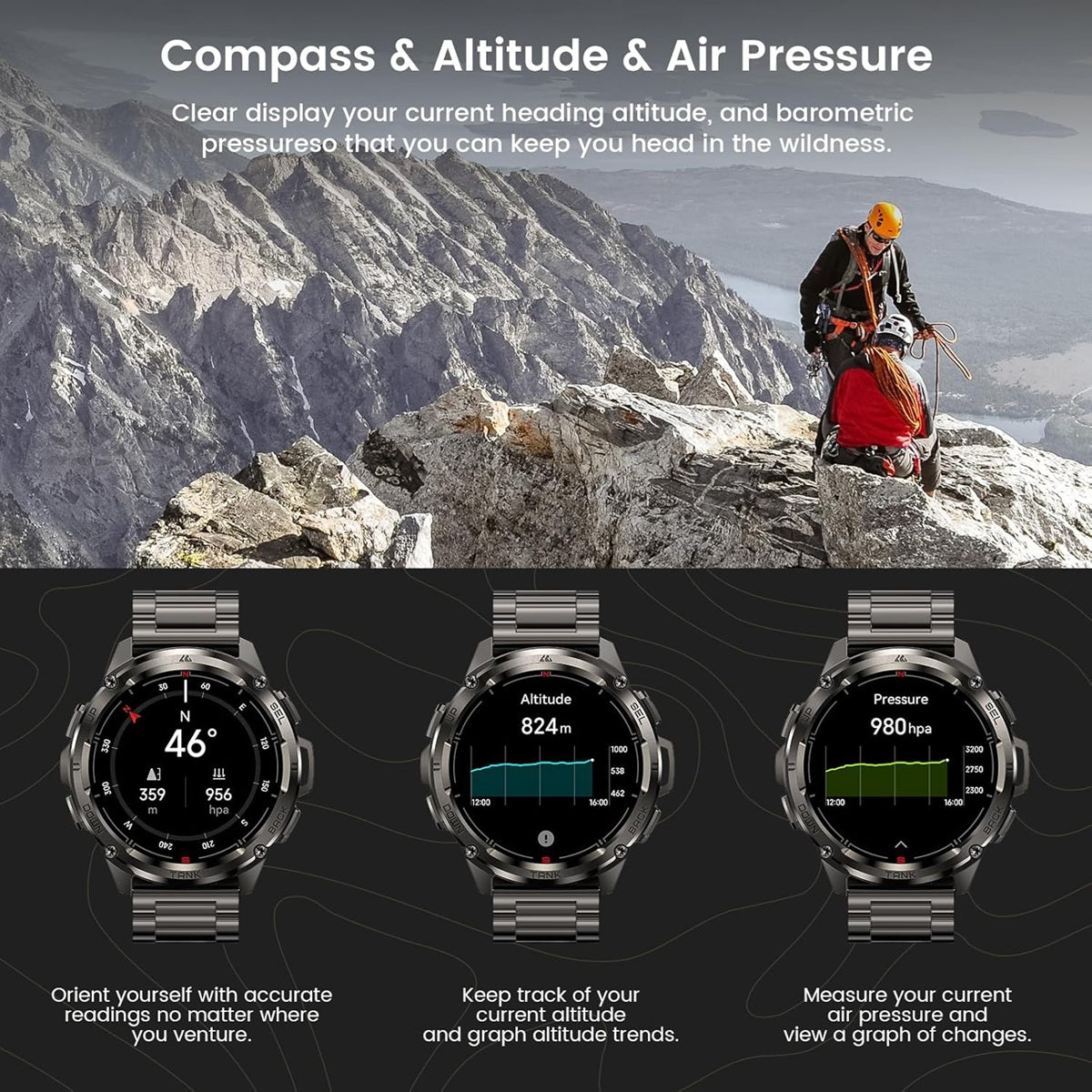KOSPET T3 Ultra Military Smartwatch displaying compass, altitude, and air pressure features for outdoor adventures