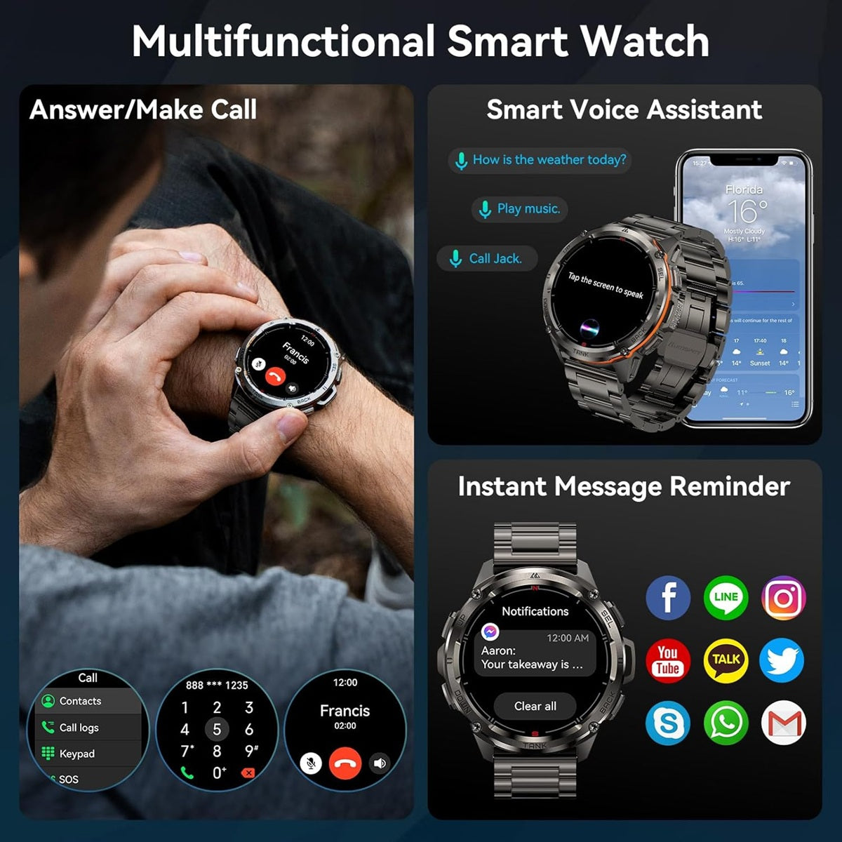 KOSPET T3 Ultra Military Smartwatch featuring call function, weather assistant, and message notifications