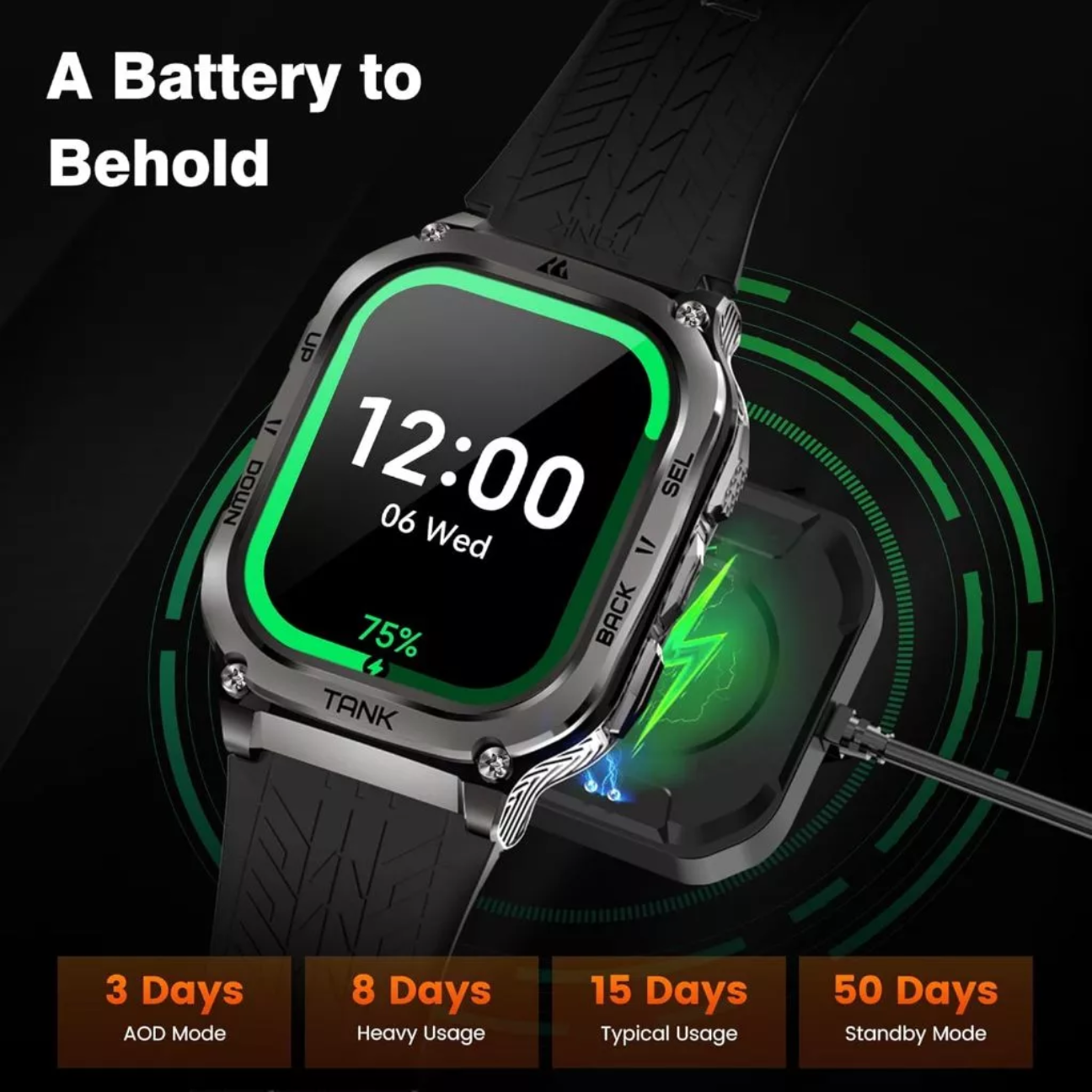 KOSPET Tank M3 rugged smartwatch showcasing its battery life and charging mode options