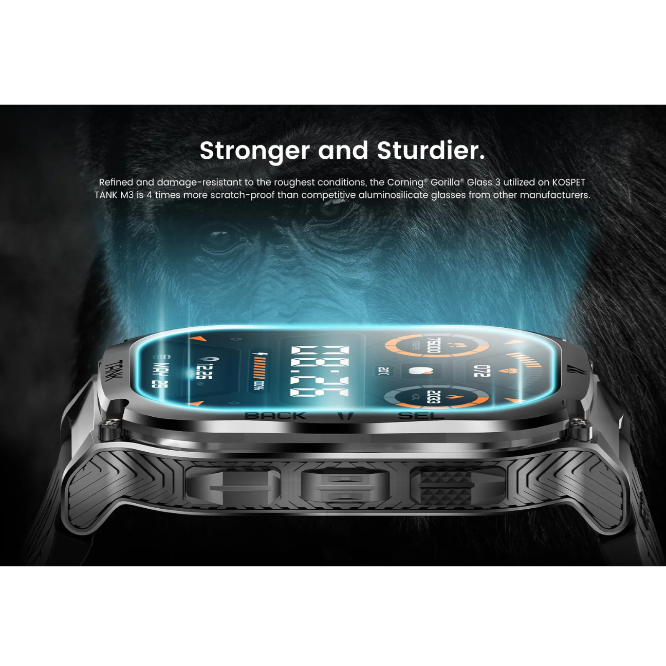 KOSPET Tank M3 rugged smartwatch with strong Gorilla Glass and durable design for extreme conditions