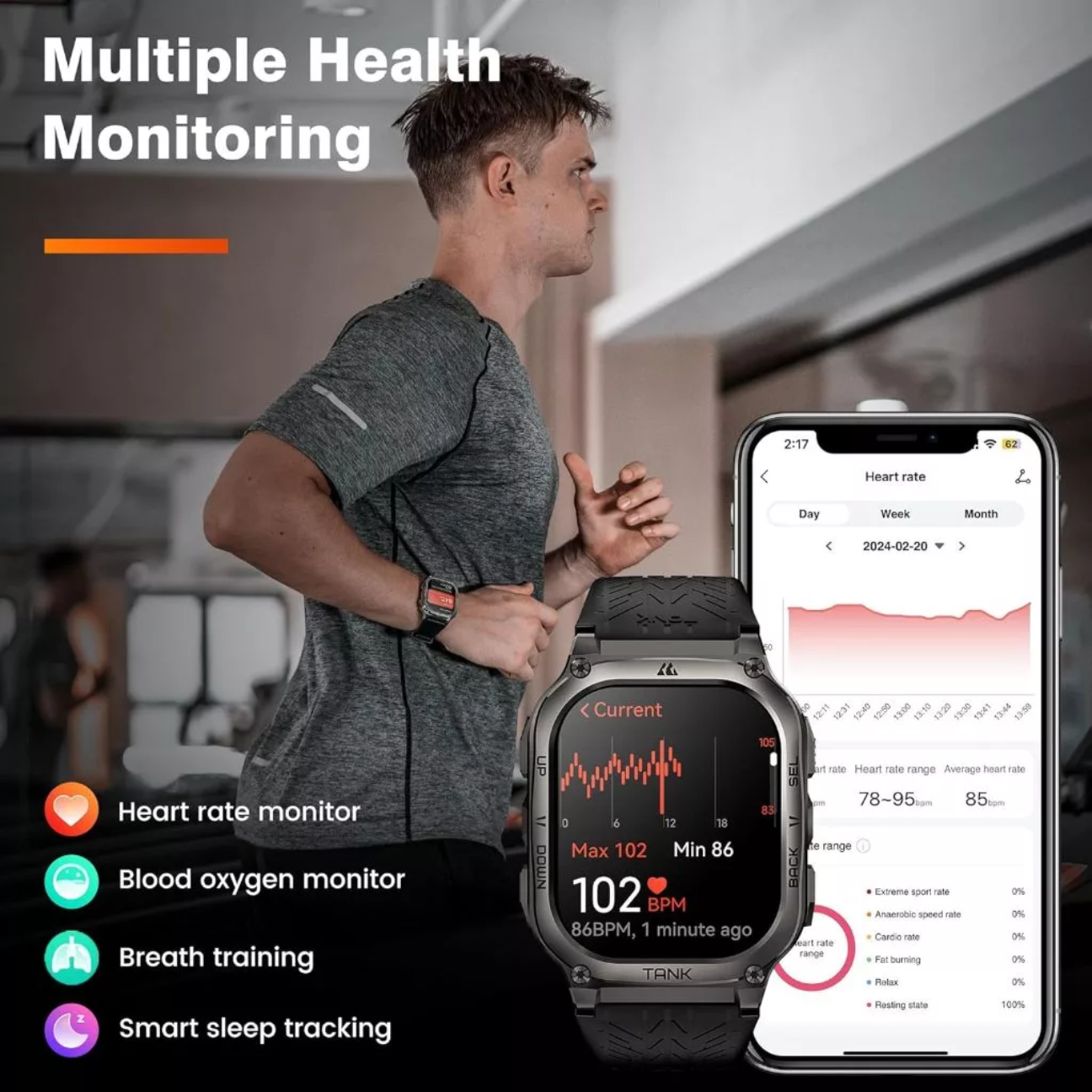 KOSPET Tank M3 rugged smartwatch displaying heart rate and health monitoring features for fitness enthusiasts