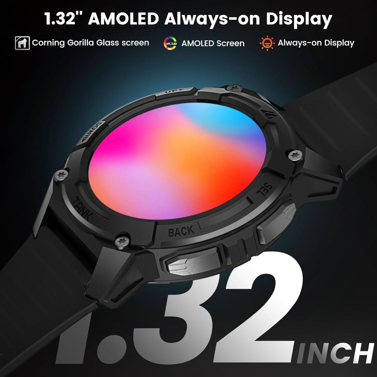 Kospet Tank S2 rugged smartwatch featuring a 1.32 inch AMOLED always-on display with Corning Gorilla Glass