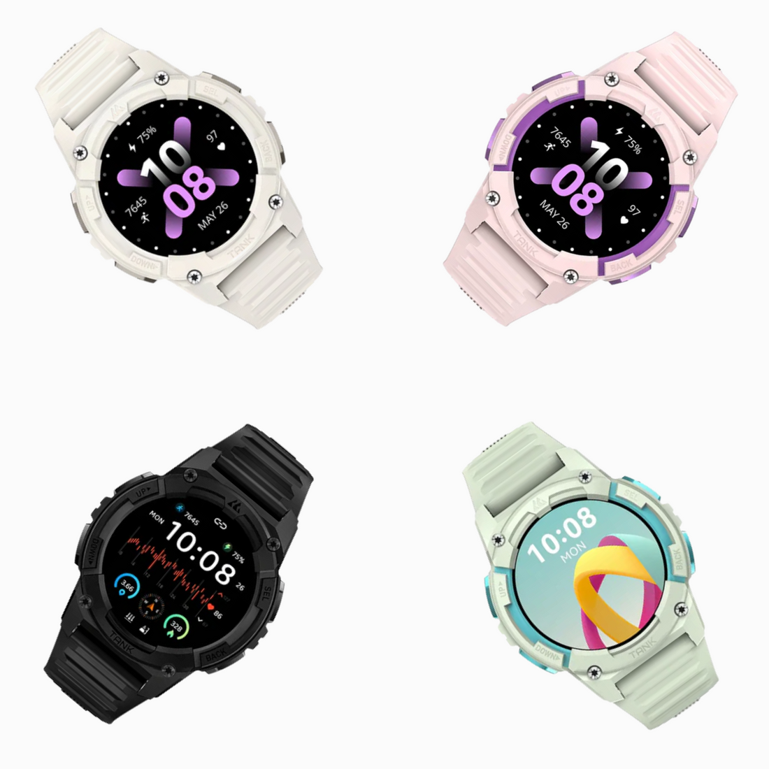 Kospet Tank S2 rugged smartwatch in four color options: pink, mint, black, and white