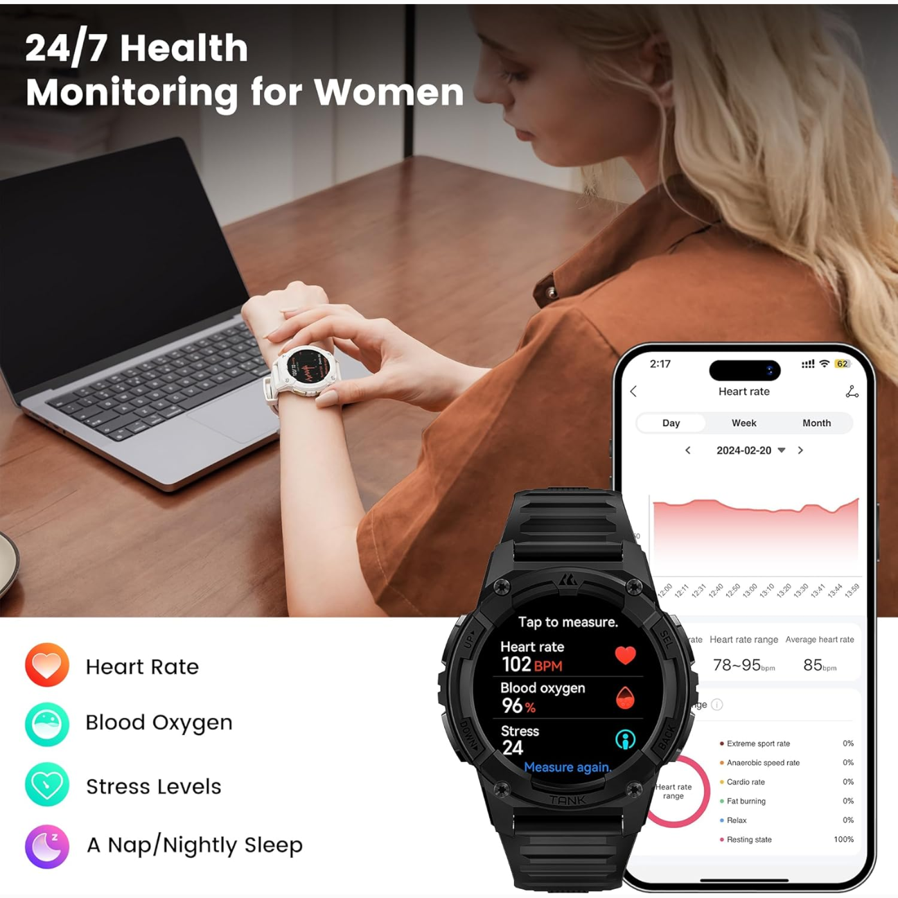 Kospet Tank S2 rugged smartwatch with 24/7 health monitoring features for women, including heart rate and stress levels