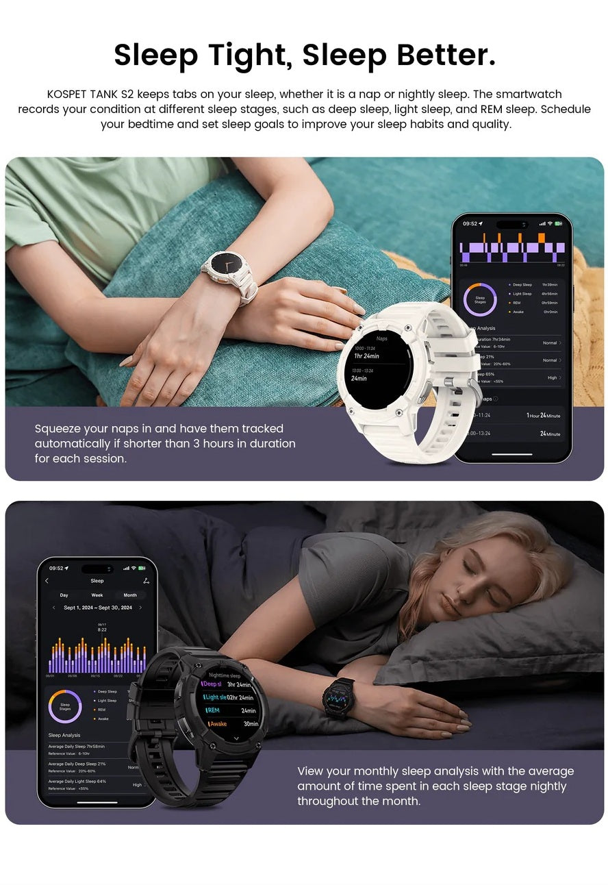 Kospet Tank S2 rugged smartwatch displayed with sleep tracking features and companion app on smartphone