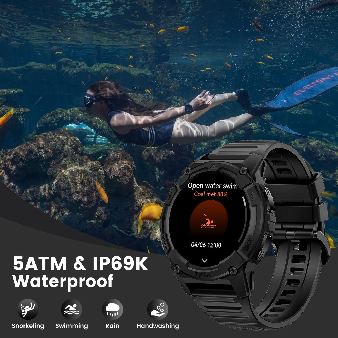 Kospet Tank S2 rugged smartwatch with 5ATM and IP69K waterproof features for outdoor activities
