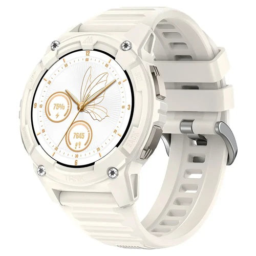 Kospet Tank S2 rugged smartwatch in white with floral watch face and durable design for outdoor use
