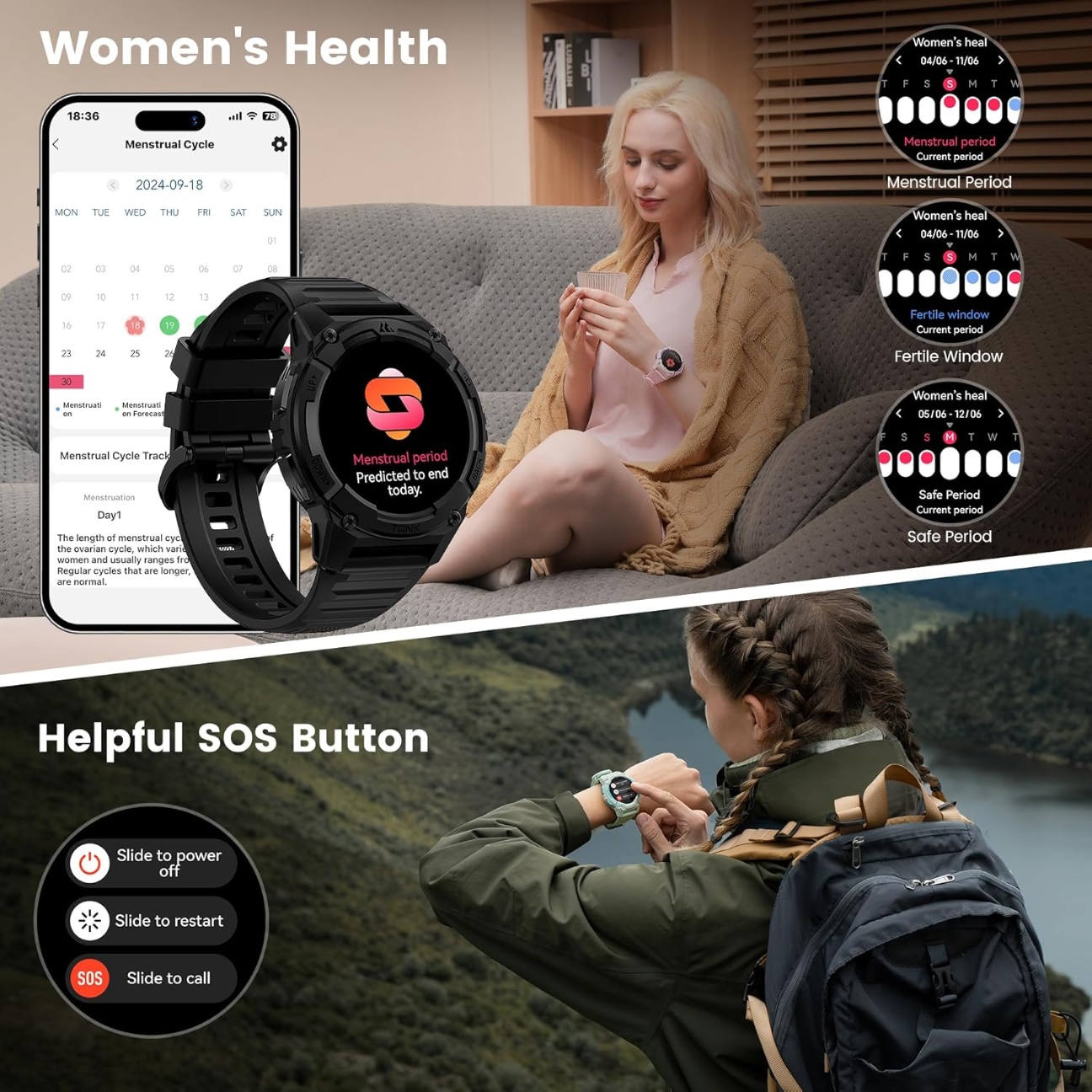 Kospet Tank S2 rugged smartwatch displaying women's health app features and SOS button on lifestyle background