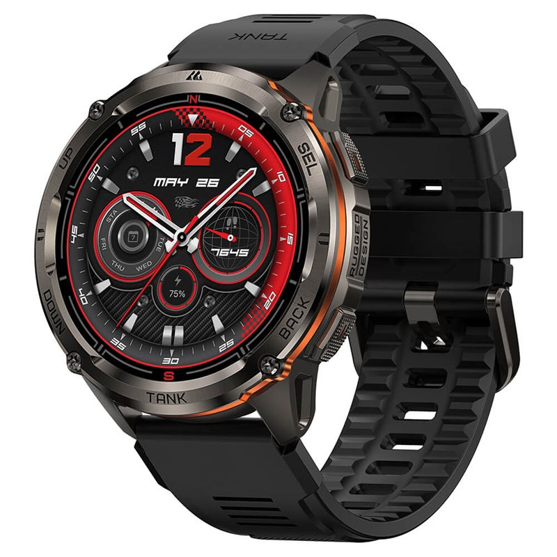 KOSPET TANK T3 ULTRA 2 smartwatch with a black strap and vibrant red dial features a durable design