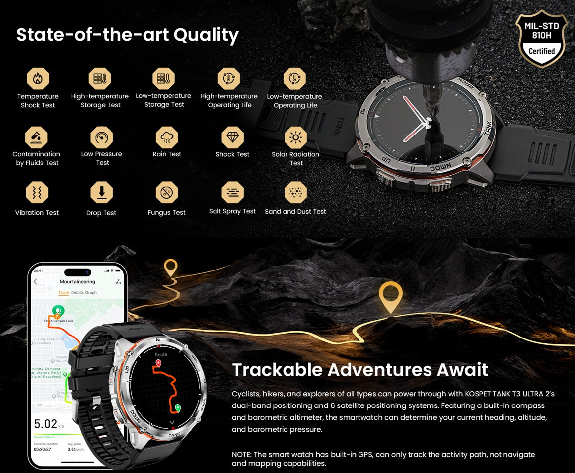 KOSPET TANK T3 ULTRA 2 smartwatch with rugged design, featuring GPS and various outdoor tracking capabilities