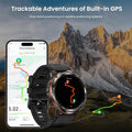 KOSPET TANK T3 ULTRA 2 smartwatch with built-in GPS showing mountain trail on smartphone app