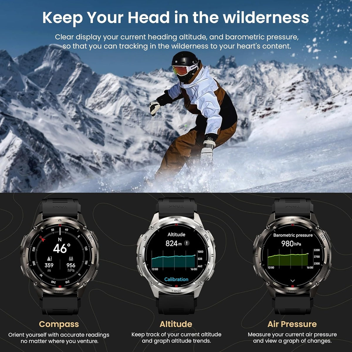 KOSPET TANK T3 ULTRA 2 smartwatch displaying compass, altitude, and air pressure features for outdoor enthusiasts