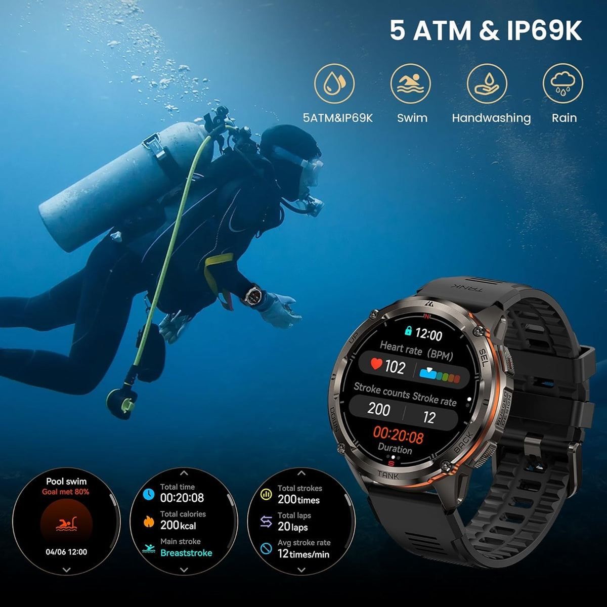 KOSPET TANK T3 ULTRA 2 smartwatch underwater with Swim and Heart Rate features for active lifestyles