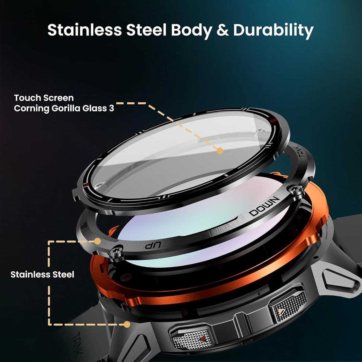Close-up view of KOSPET TANK T3 ULTRA 2 smartwatch showcasing stainless steel body and durable Corning Gorilla Glass 3