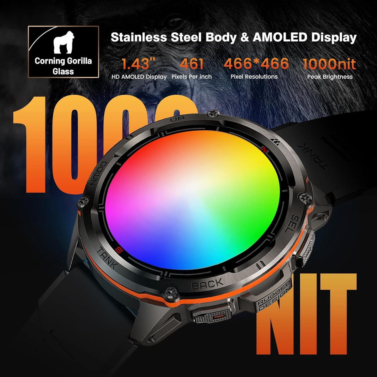 KOSPET TANK T3 Ultra GPS smartwatch with stainless steel body and vibrant AMOLED display