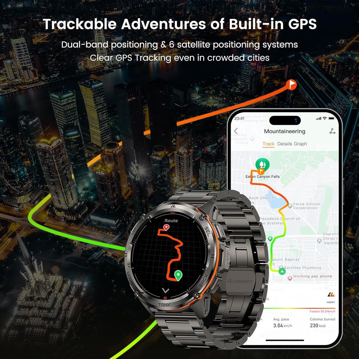 KOSPET TANK T3 Ultra GPS smartwatch displaying GPS tracking features with city lights in the background