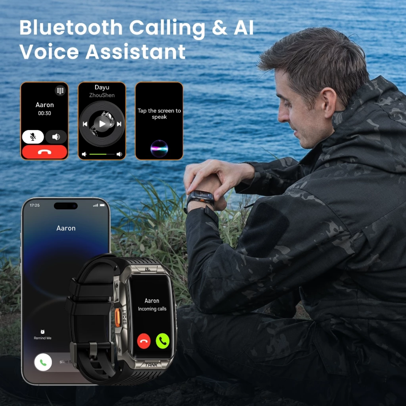 KOSPET Tank X2 waterproof smartwatch with Bluetooth calling and AI voice assistant features