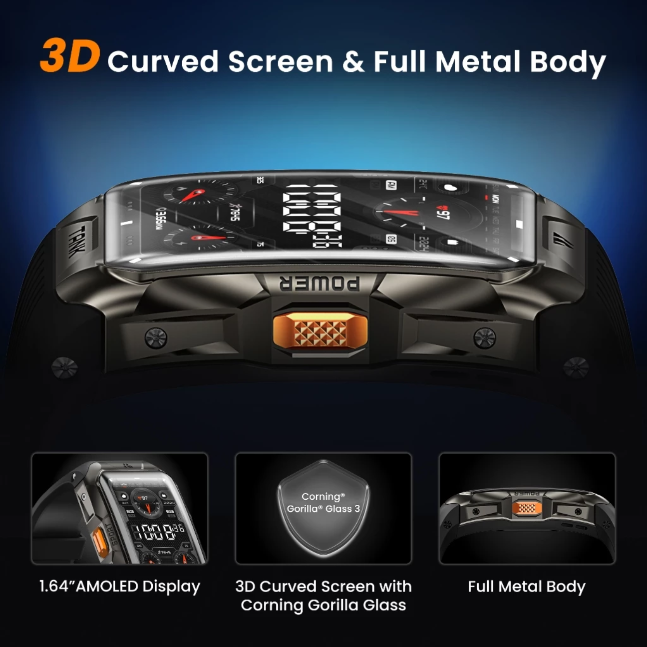 KOSPET Tank X2 waterproof smartwatch with 3D curved screen and full metal body for durability