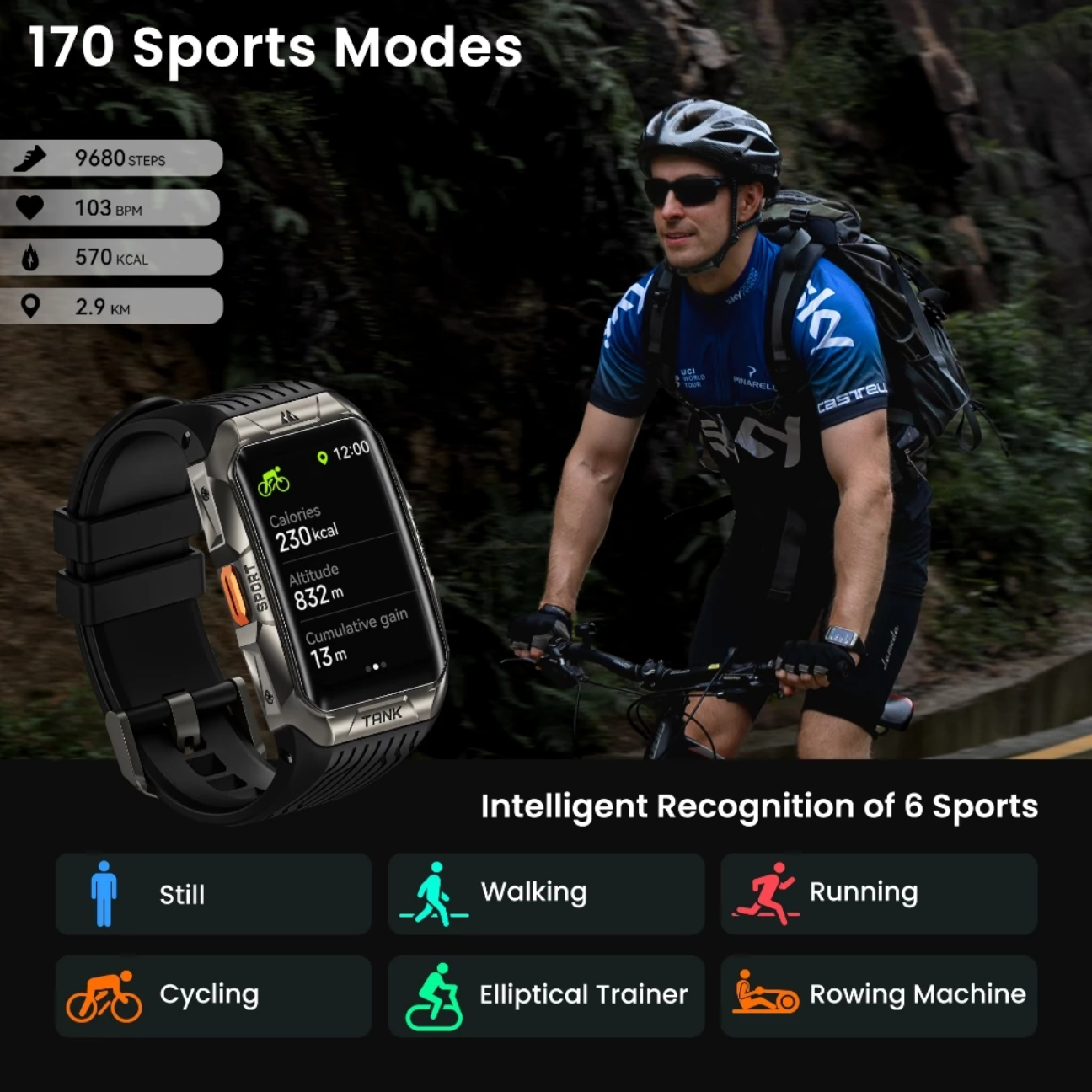 KOSPET Tank X2 waterproof smartwatch showcasing cycling mode with fitness stats and sleek design