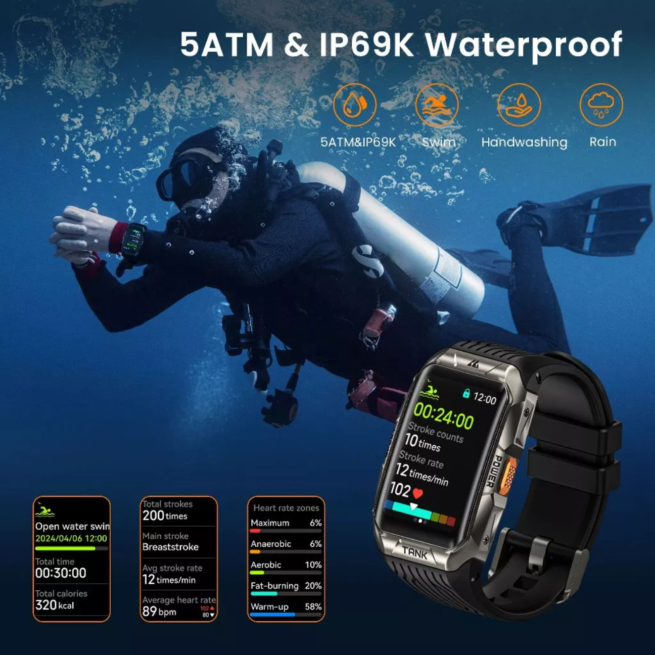 KOSPET Tank X2 waterproof smartwatch designed for diving with 5ATM and IP69K ratings for durability