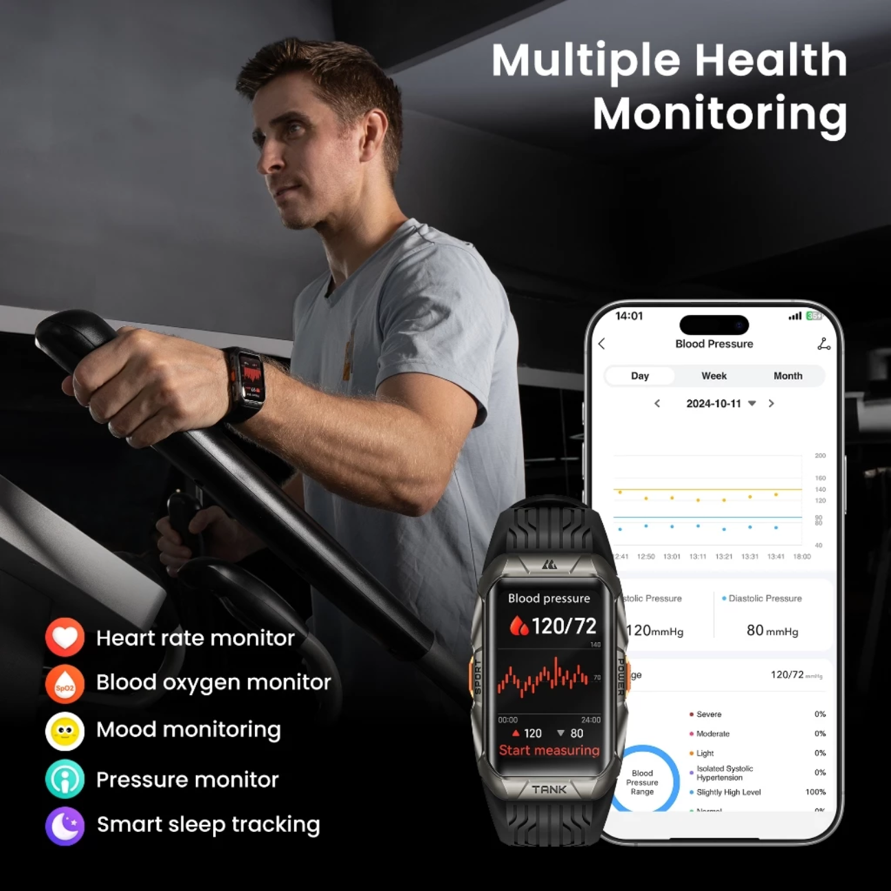 KOSPET Tank X2 waterproof smartwatch showcasing health monitoring features and user in an active setting