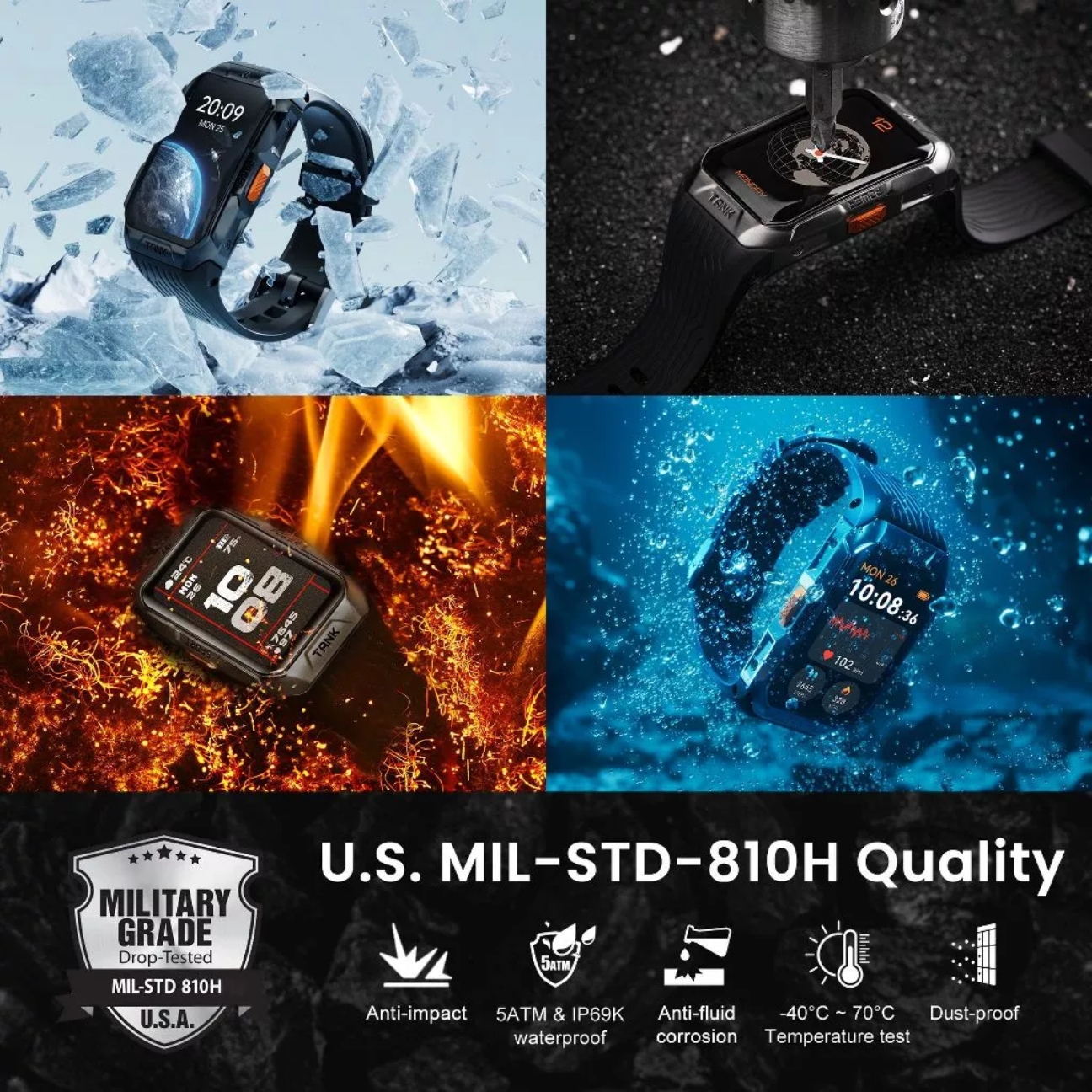 KOSPET Tank X2 waterproof smartwatch with military-grade protection and durable design for outdoor activities