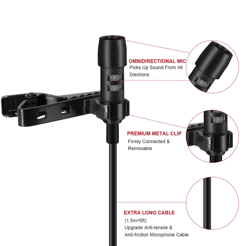 VMIDirect Lavalier Lapel Clip-on Microphone with Omnidirectional Mic and Extra Long Cable
