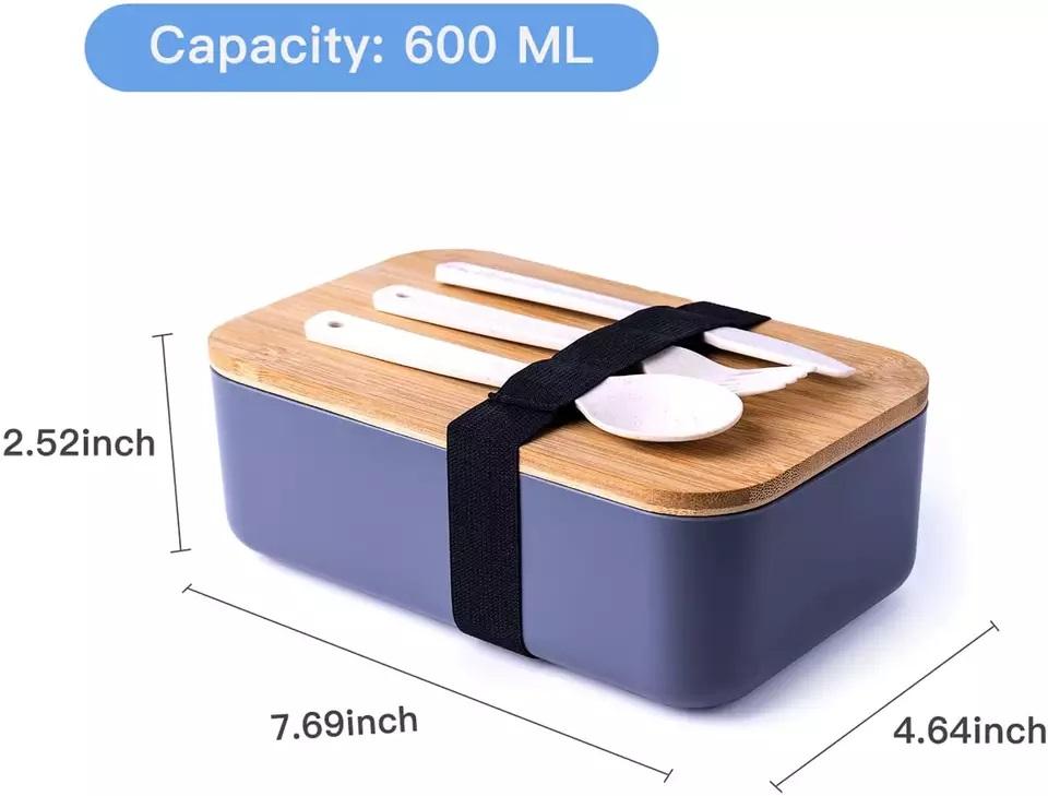 VMIDirect Leak-Proof Bento Lunch Box with Bamboo Lid and Included Cutlery for 600 ML Capacity