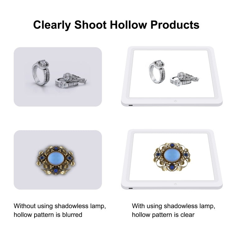 LED light panel for photography demonstrating shadowless effects on hollow products like jewelry